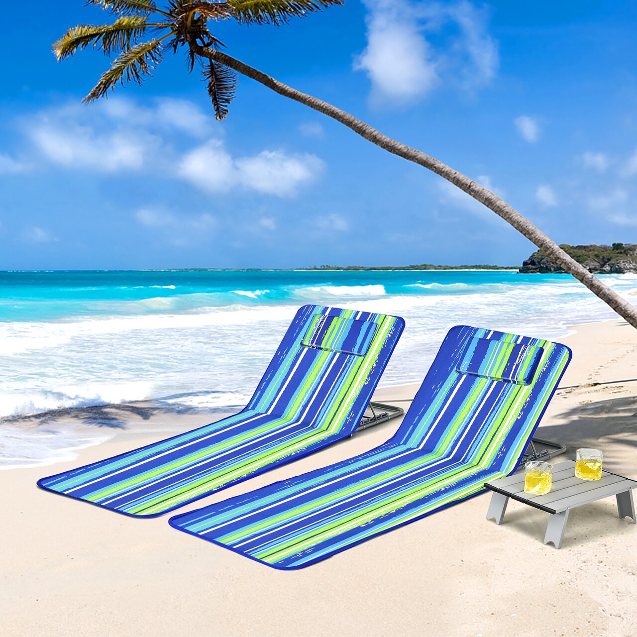 Costway 3-Piece Beach Lounge Chair Mat Set 2 Adjustable Lounge Chairs with Table Blue\Stripe